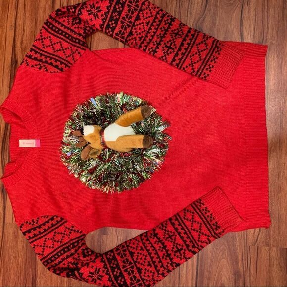 No Boundaries Ruby Red Wreath Plush Reindeer Ugly Sweater 3D - Picture 12 of 13